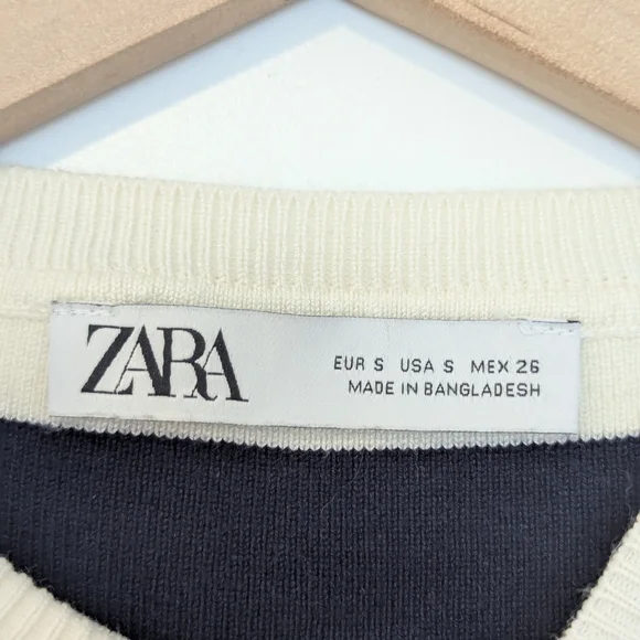 Zara Black/Navy and Cream Striped Crewneck Cropped Sweater Size Small - Picture 6 of 7